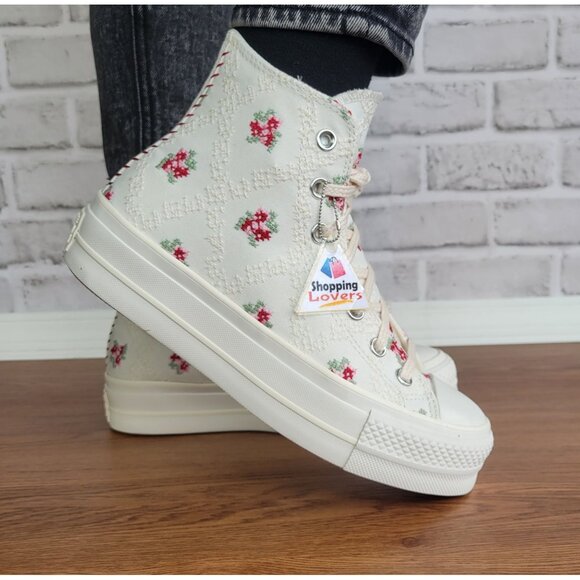 ⭐Converse Chuck Taylor Lift Rose Cross Stitch Sz 7.5 Women's Shoes White A13659C - Picture 2 of 12